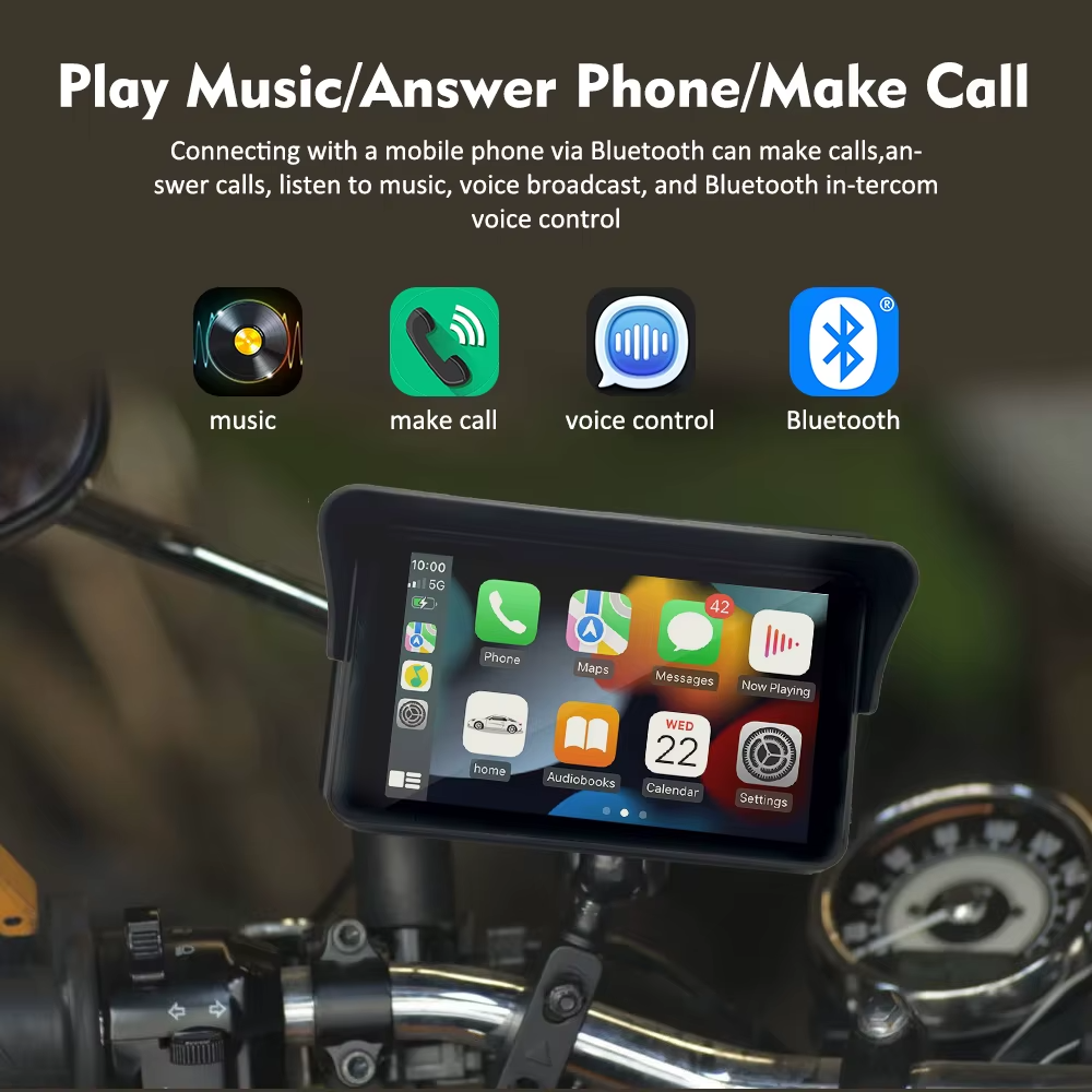 Motopuride Carpuride screen for motorcycles with wireless CarPlay, Android Auto, and GPS navigation