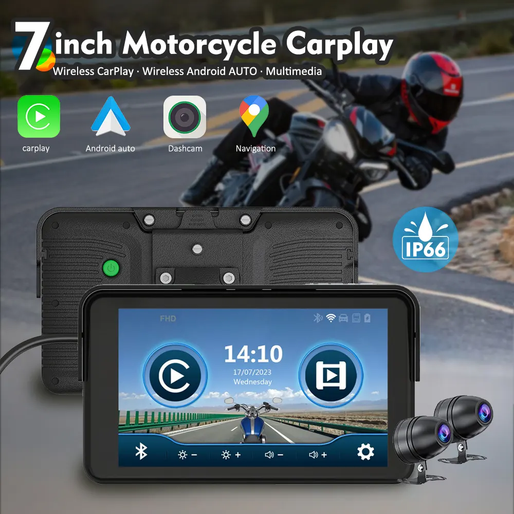Motopuride Carpuride screen for motorcycles with wireless CarPlay, Android Auto, and GPS navigation